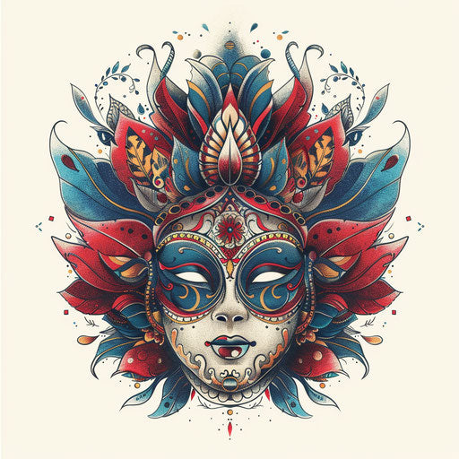 Illustration of a colorful traditional Italian mask tattoo