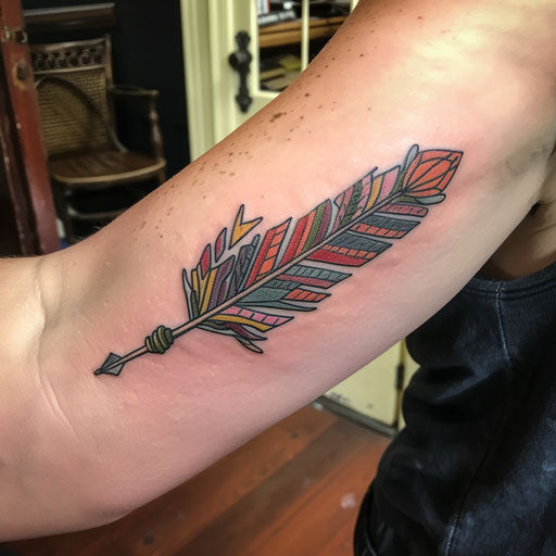 Elbow tattoo feather arrow, Steve McNiven style