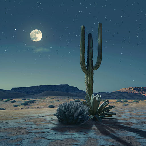 Cactus under full moon in mystical desert