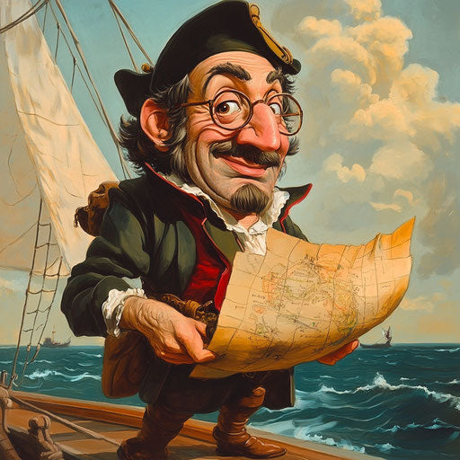 The humorous caricature of Christopher Columbus on his ship