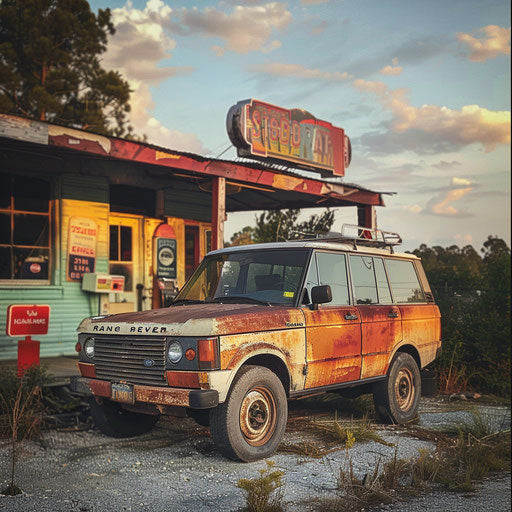 Vintage Range Rover with weathered finish parked at vintage gas station