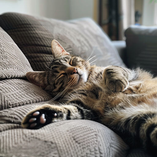 Chubby cat napping on a sofa