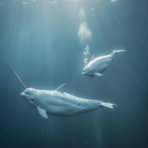 Beluga and narwhal swimming side by side