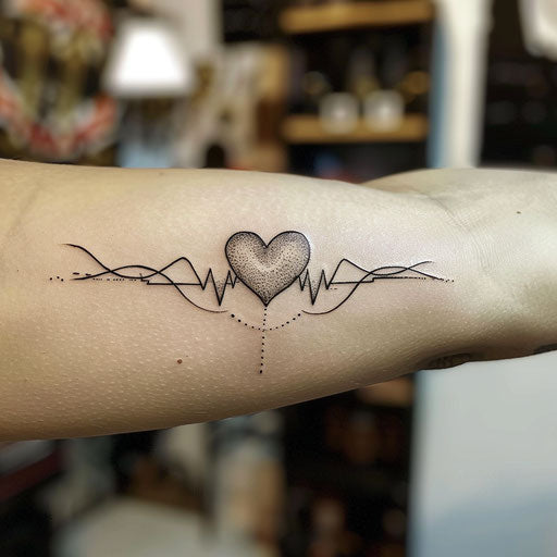 Flat tattoo sketch of a dot-style heartbeat line with heart shape