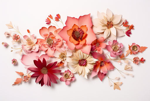 Bouquet of petals and blossoms on white background, pink and orange