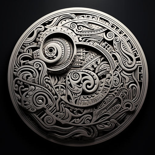 Circular black and white design, maori art style