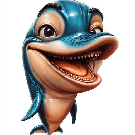 Humorous caricature of a dolphin with human characteristics