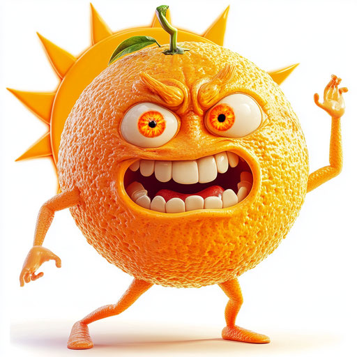 Humorous caricature of an orange caricature clipart with human characteristics, exaggerated rosy cheeks, long arms, next to a smiling sun, vibrant colors, cartoon style, frowning, high resolution, no background, isolated