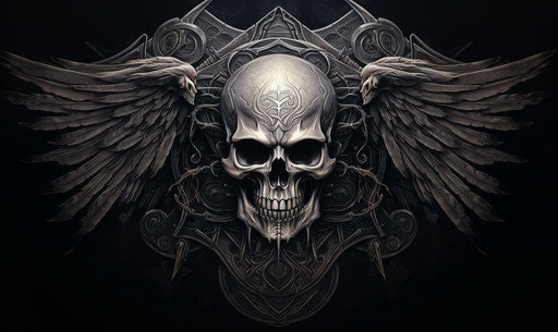 Skull and wings of a viking in detailed engraving