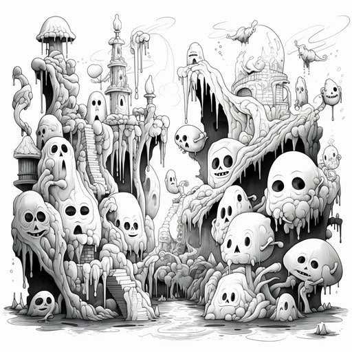 Drawing of ghosts and scary things, whimsical cartoon style