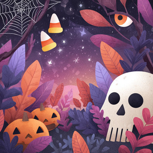 Stylized Halloween Scene with Pumpkins and Skulls