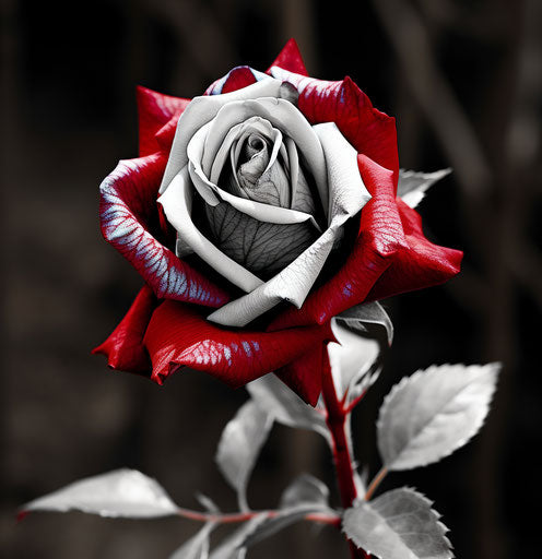 Old photo of rose in shades of red, black, silver