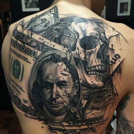 Money tattoo with dark surrealism