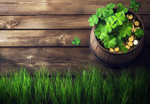 St. Patrick's Day banner with green grass, pot of gold, and clover decoration on wooden background.