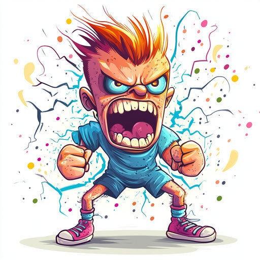 Amusing caricature of an electricity character with thin exaggerated lips, muscular polka-dotted legs, vibrant colors, cartoon style, angry, high resolution, isolated