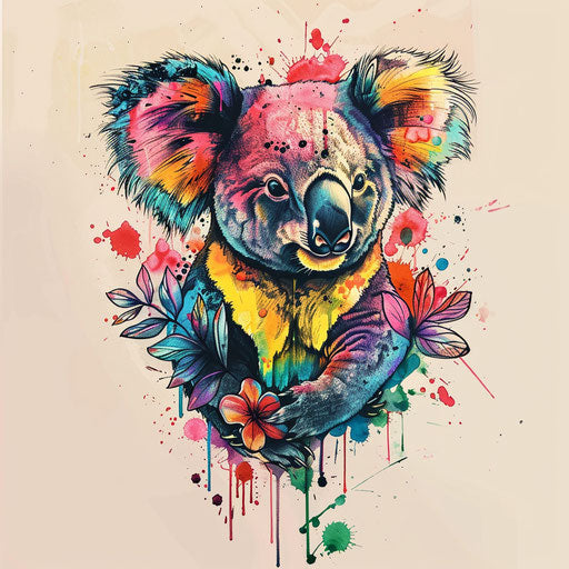 Contemporary flat tattoo sketch with a koala and splattered, vibrant ink drops