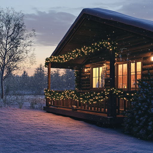 Winter cabin with garland and warm lights