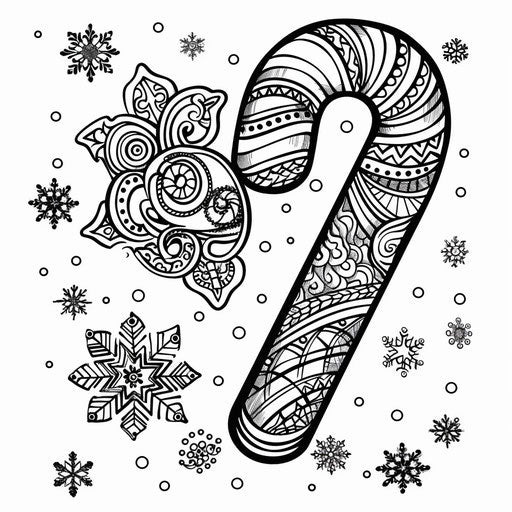 Candy cane with intricate patterns and snowflakes