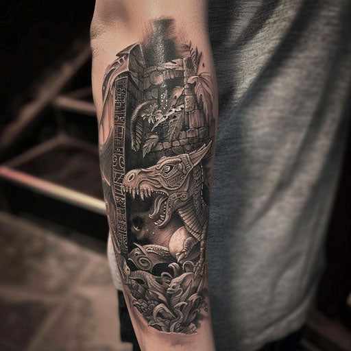 Surreal Mayan underworld scene with mystical creatures in dark tones on white canvas