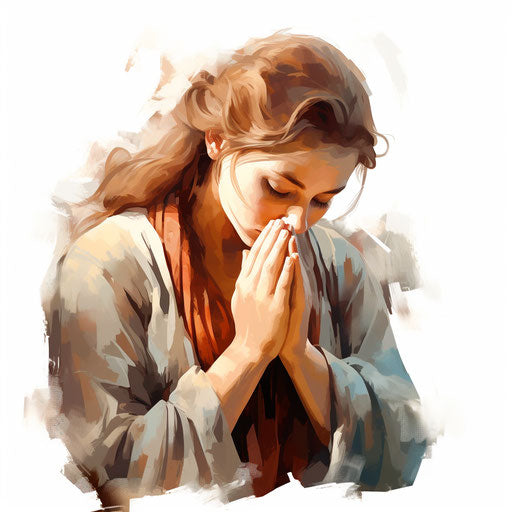 Praying illustration in the style of oil painting, on white background