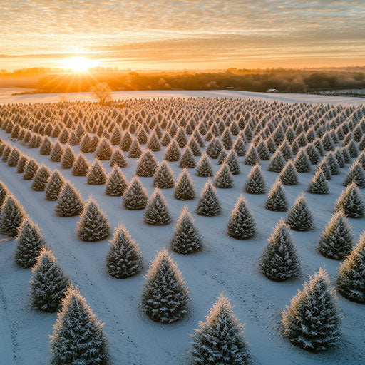 Snowy Christmas tree farm at sunrise
