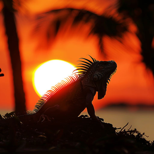 Iguana silhouette at sunset on a tropical island