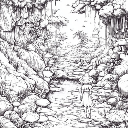 Tropical forest with fantasy elements, Mamoru Hosoda style, coloring page