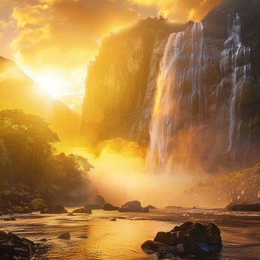 Stunning waterfall with mist at golden hour
