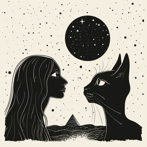 Surreal flat tattoo sketch of Bastet morphing from cat to woman under a starlit sky