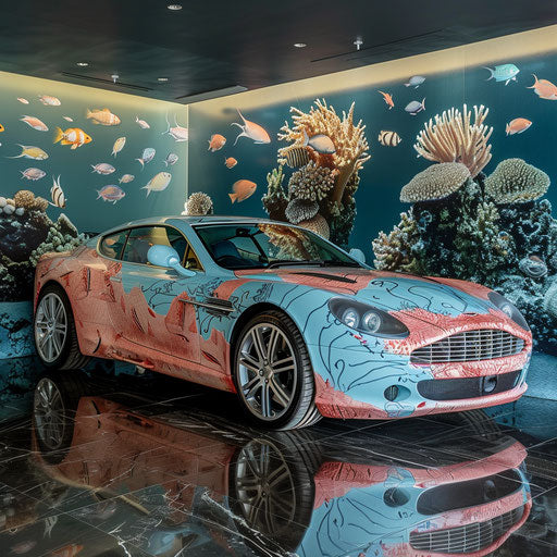 Underwater-themed Aston Martin DB7 Zagato with coral and fish decals, next to a coral reef.