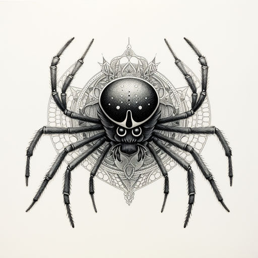 Black and white drawing of a spider, magnified ornamentation style, flat shading