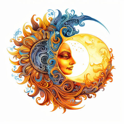 Sun and moon clipart in the style of an Oil painting, on white background