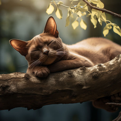 Burmese cat lying on a tree branch