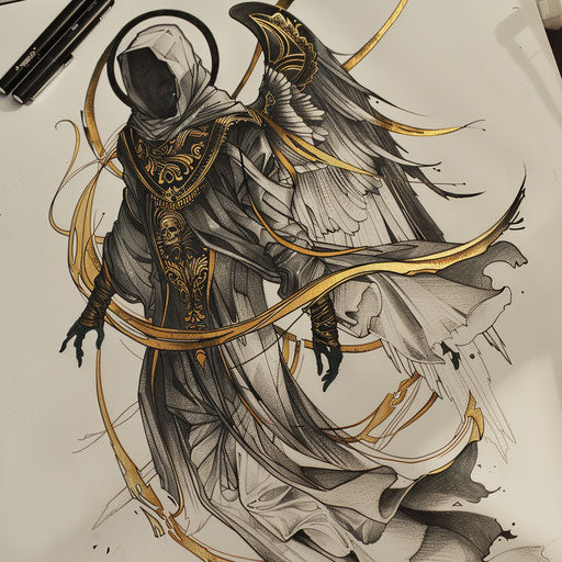 Flat tattoo sketch of the angel of death
