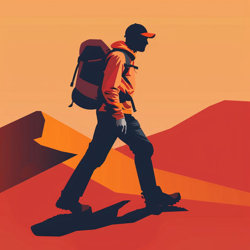 Realistic hiking on flat sunset orange background