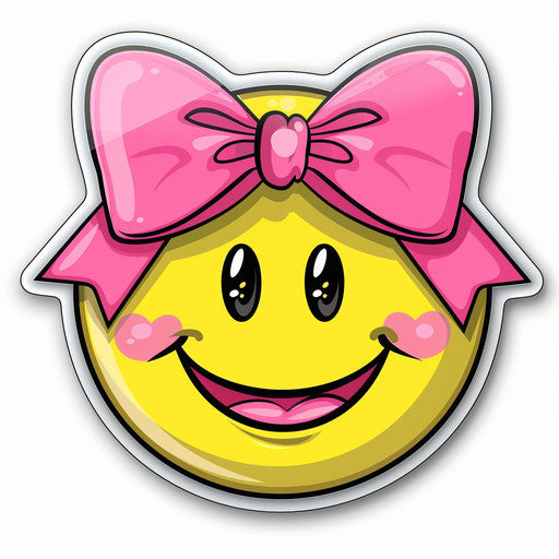 Yellow smiley face with pink bow and bows sticker, graphic bold style