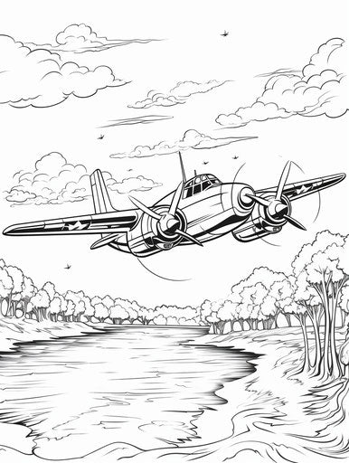 Coloring pages of an airplane over water in energetic caricature style
