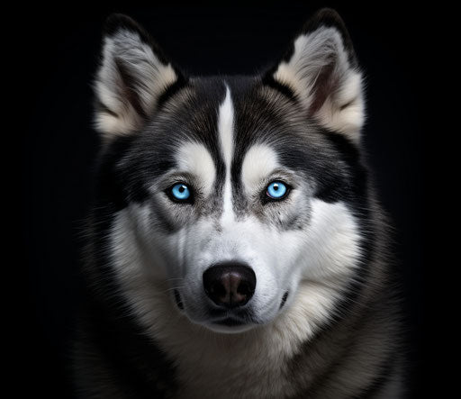 Man huskie dog with big blue eyes in dark maroon and light azure
