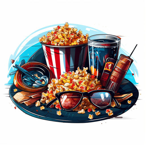 Movie night in Chiaroscuro Art style, on white background