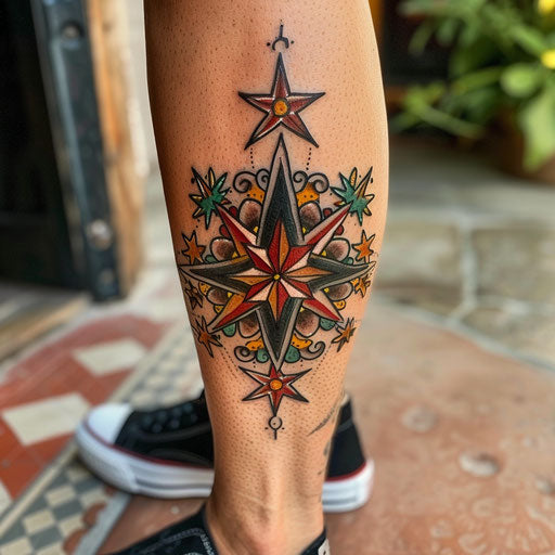 Feminine leg tattoos, Sailor Jerry style, nautical star