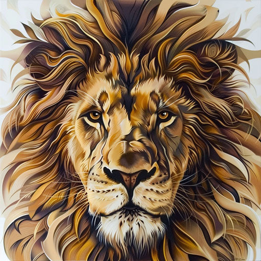 Bold neo-traditional lion's head with a royal mane in gold and brown on white canvas