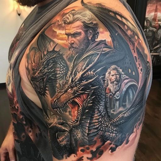 Mythical shoulder tattoo with dragons and wizards