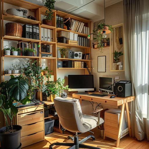Work-from-home setup in a small apartment, efficiently organized with smart storage solutions