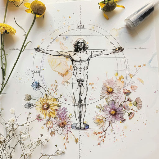 Serene tattoo sketch of the Vitruvian Man surrounded by watercolor flowers