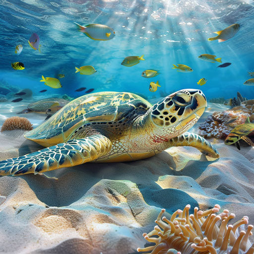 Green sea turtle resting on sandy ocean floor