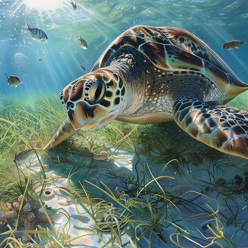 Green sea turtle feeding on seagrass in sunlit bay