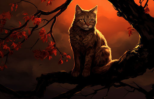 Red cat sitting on tree branch, dark gold and light brown style, masculine 17:11