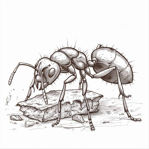 Ant carrying oversized food on coloring book page
