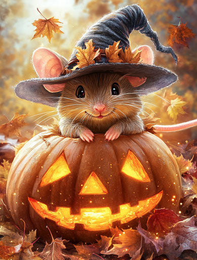 Cute mouse in witch hat on pumpkin with autumn leaves