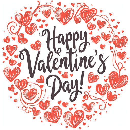 Happy Valentine's Day! Cursive writing surrounded by hearts on white background.
